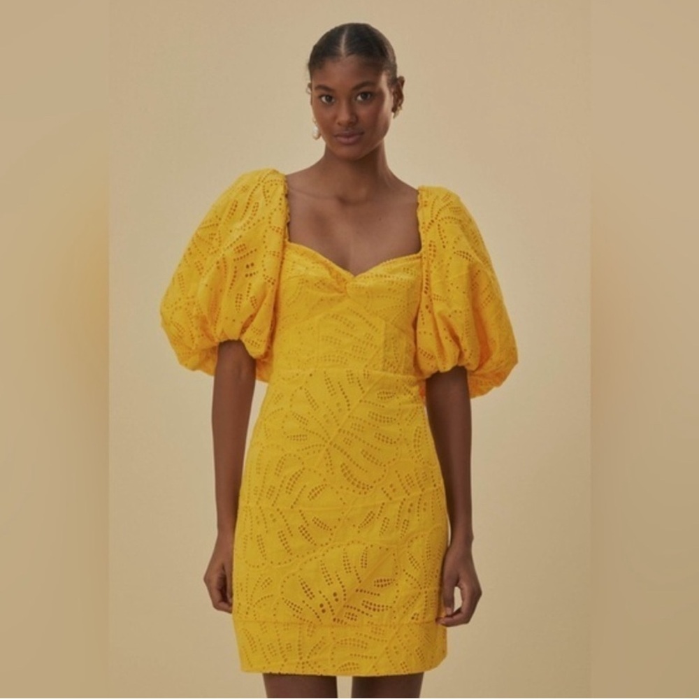 FARM Rio Monstera eyelet Mini Dress with Sweetheart Neckline